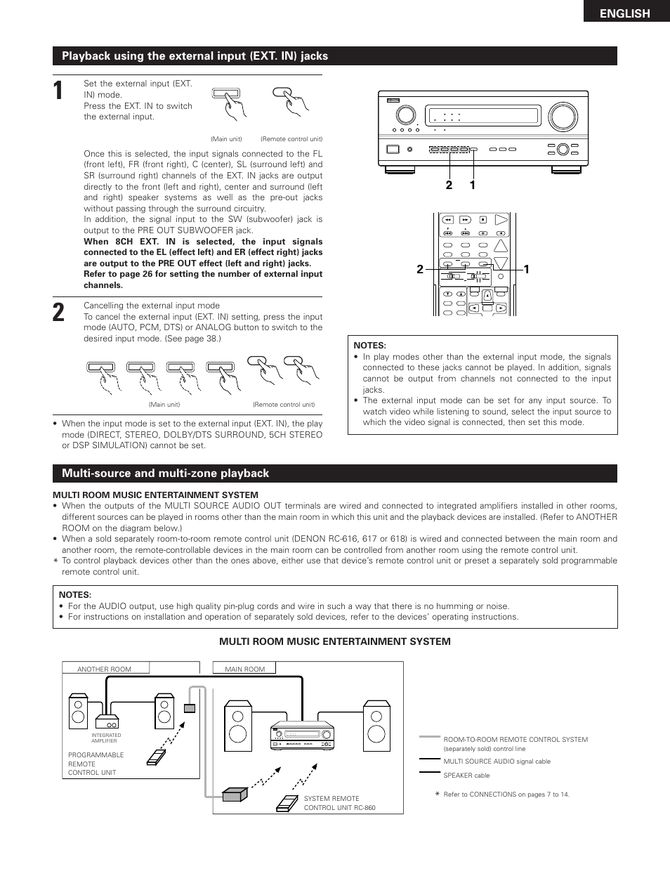 English multi-source and multi-zone playback, Playback using the external input (ext. in) jacks, Multi room music entertainment system | Denon AVR-3300 User Manual | Page 43 / 62