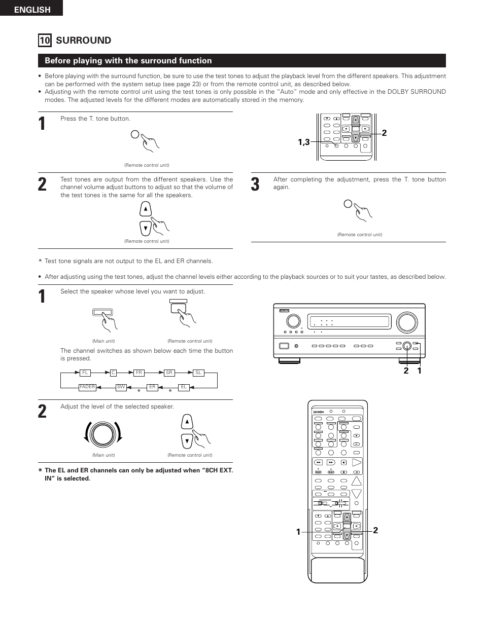 10 surround, English, Before playing with the surround function | Press the t. tone button, Select the speaker whose level you want to adjust | Denon AVR-3300 User Manual | Page 44 / 62