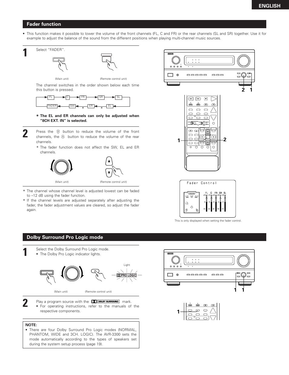 English fader function, Dolby surround pro logic mode, Select “fader | Denon AVR-3300 User Manual | Page 45 / 62
