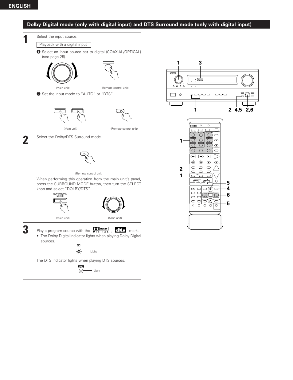 W set the input mode to “auto” or “dts, Select the dolby/dts surround mode, The dts indicator lights when playing dts sources | Denon AVR-3300 User Manual | Page 46 / 62