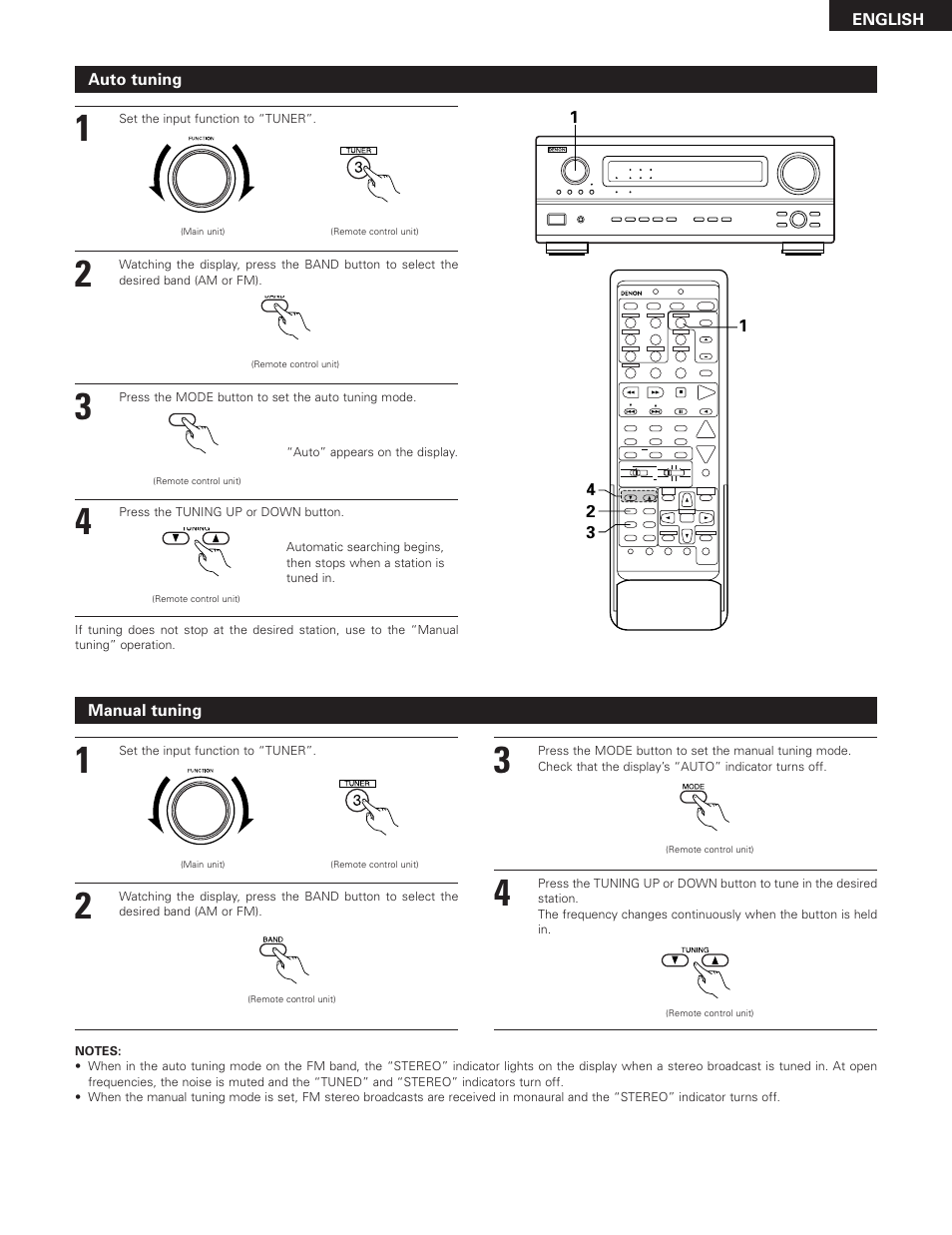 English, Auto tuning, Manual tuning | Set the input function to “tuner, Press the mode button to set the auto tuning mode, Press the tuning up or down button | Denon AVR-3300 User Manual | Page 53 / 62