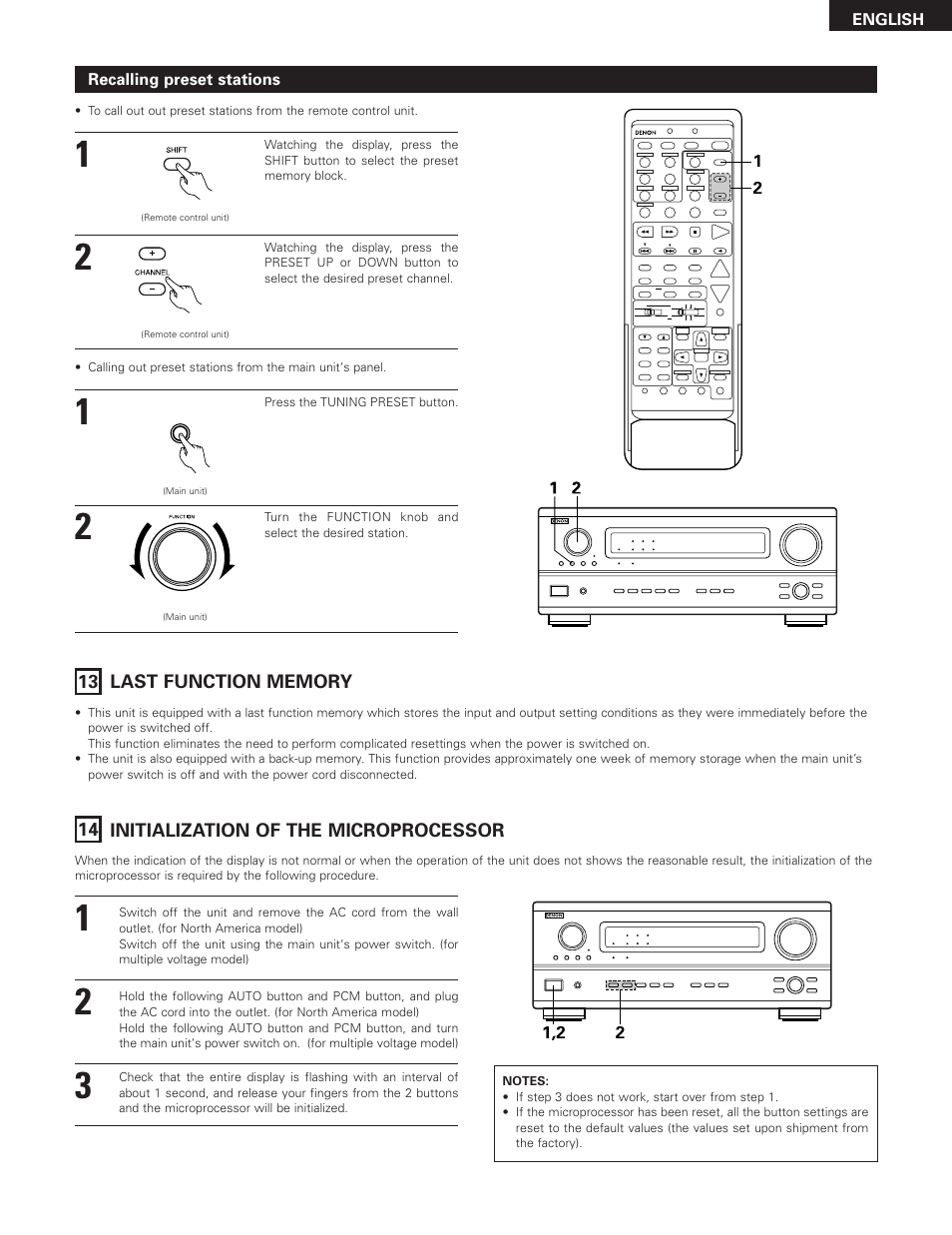 14 initialization of the microprocessor, English recalling preset stations, Press the tuning preset button | Denon AVR-3300 User Manual | Page 55 / 62