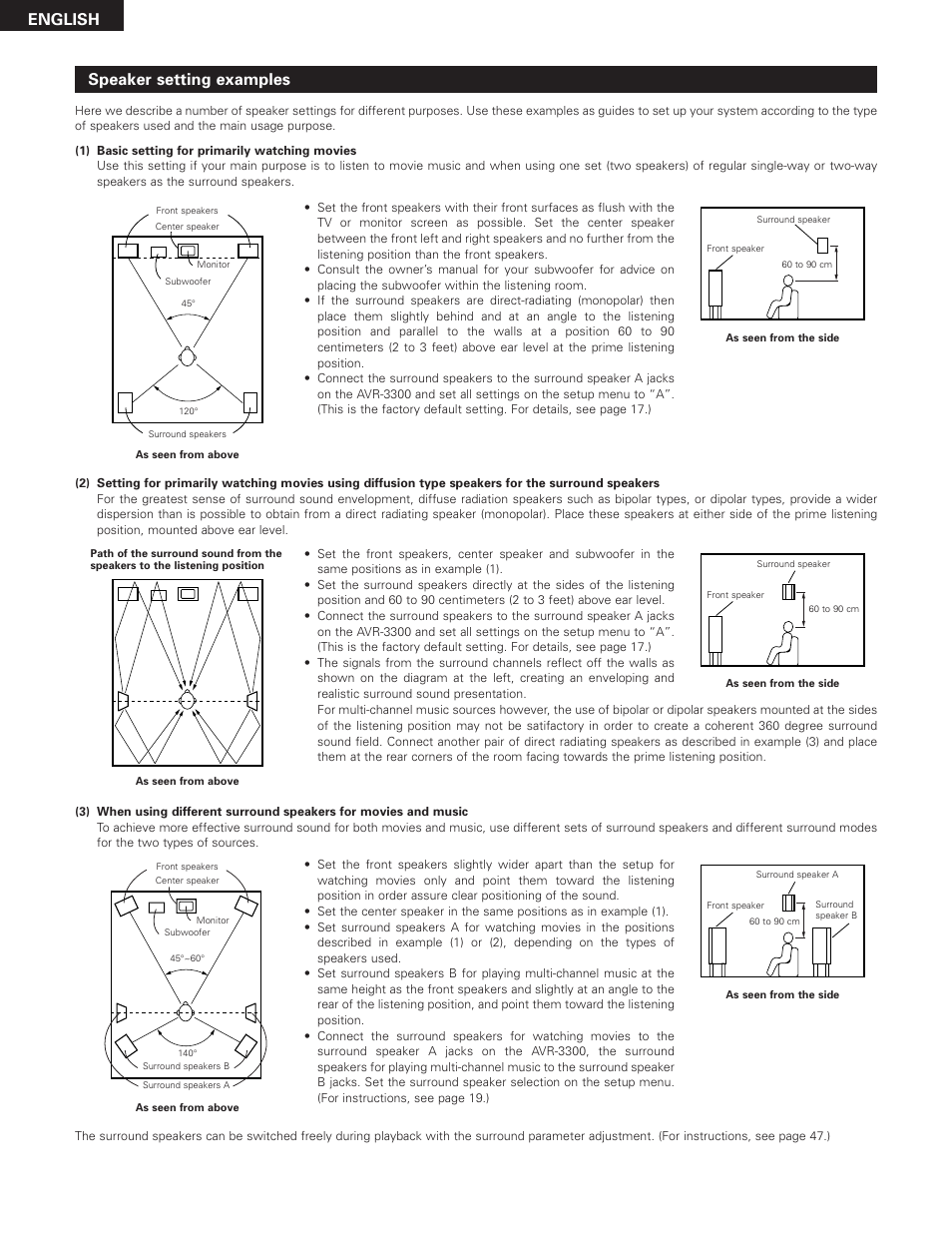 English speaker setting examples | Denon AVR-3300 User Manual | Page 58 / 62