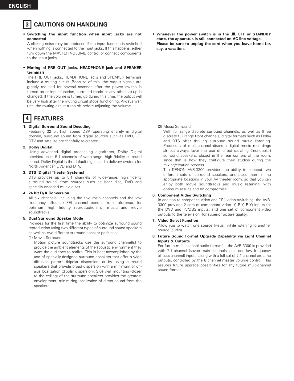 3 cautions on handling 4 features | Denon AVR-3300 User Manual | Page 6 / 62