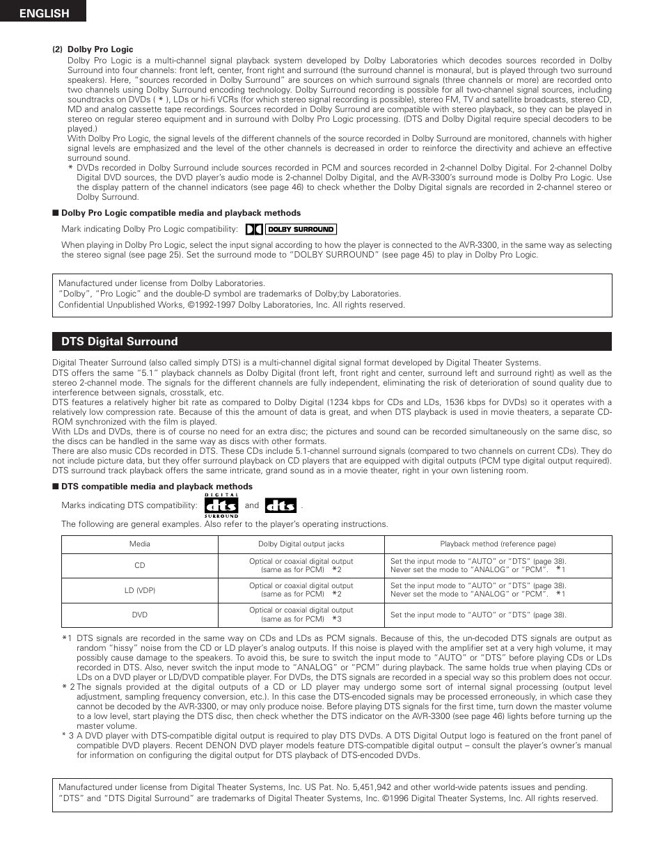 English, Dts digital surround | Denon AVR-3300 User Manual | Page 60 / 62