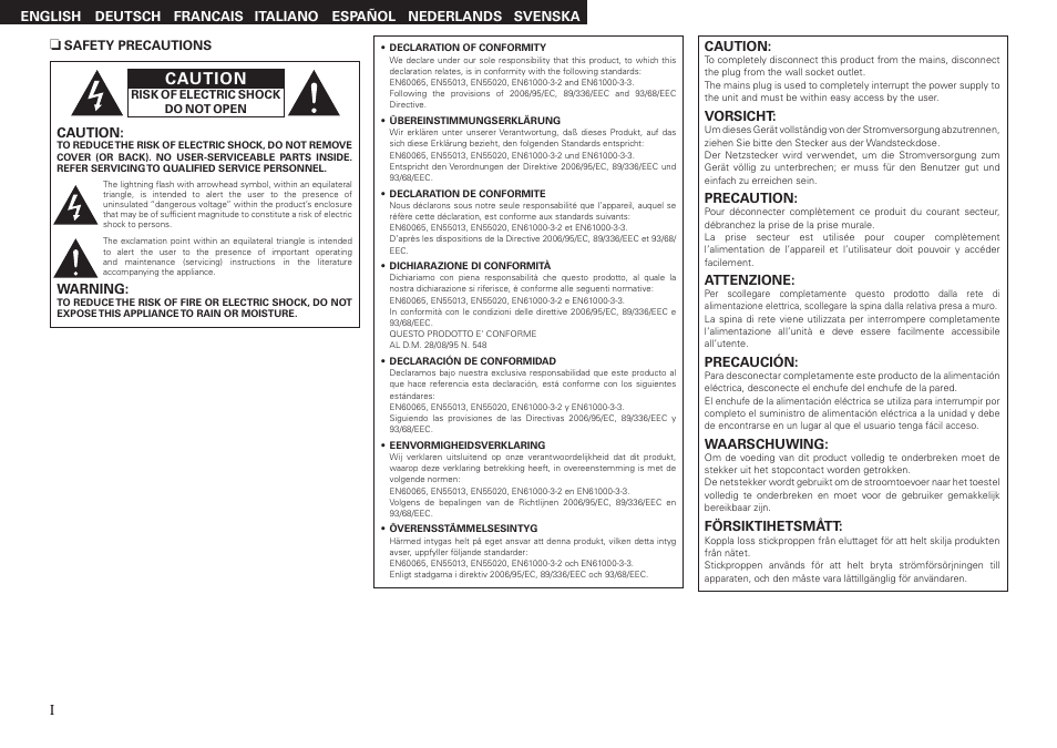 Caution | Denon AVR-2308 User Manual | Page 2 / 80