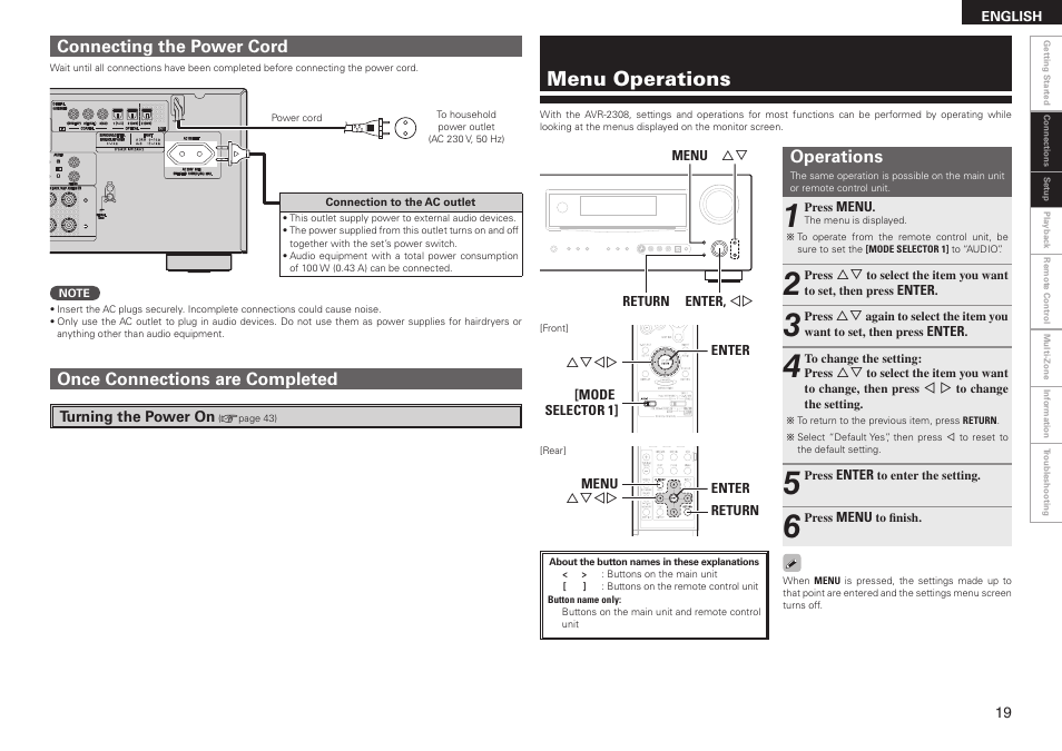 Menu operations, Connecting the power cord, Once connections are completed | Operations | Denon AVR-2308 User Manual | Page 23 / 80