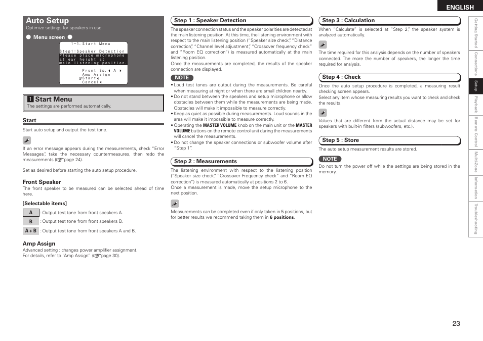 Auto setup, Astart menu | Denon AVR-2308 User Manual | Page 27 / 80