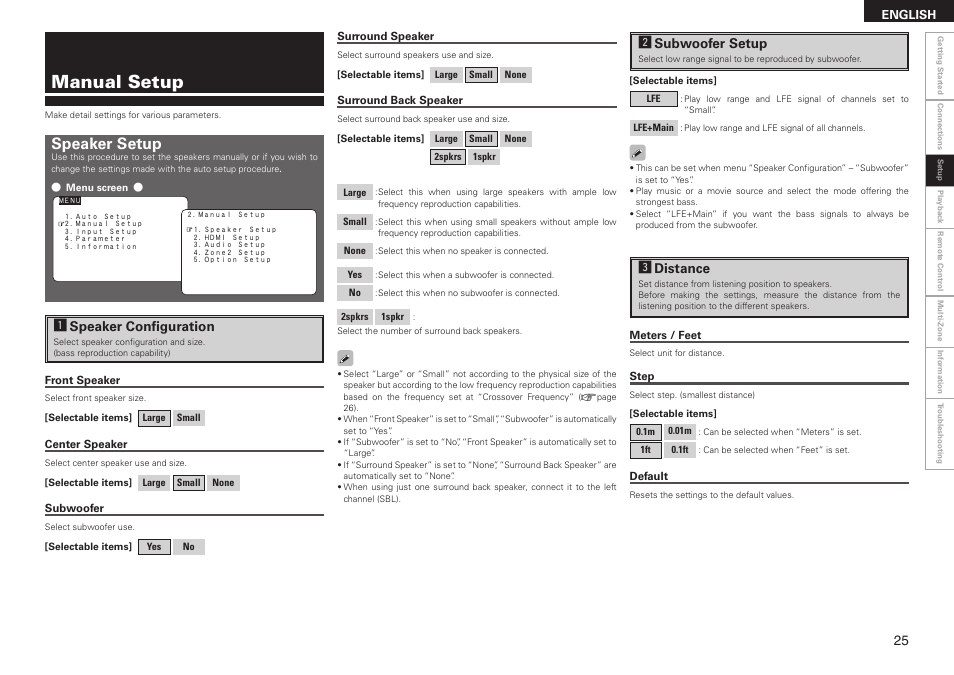 Manual setup, Speaker setup, Aspeaker configuration | Ssubwoofer setup, Ddistance | Denon AVR-2308 User Manual | Page 29 / 80