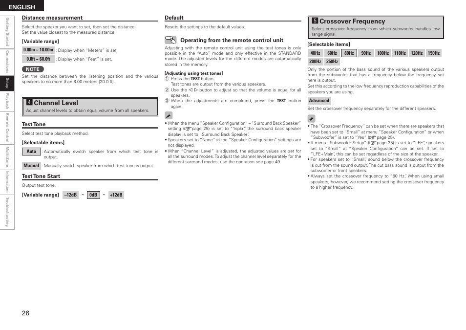 Fchannel level, Gcrossover frequency | Denon AVR-2308 User Manual | Page 30 / 80