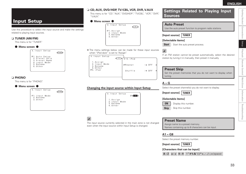 Input setup, Settings related to playing input sources, Auto preset | Preset skip, Preset name | Denon AVR-2308 User Manual | Page 37 / 80