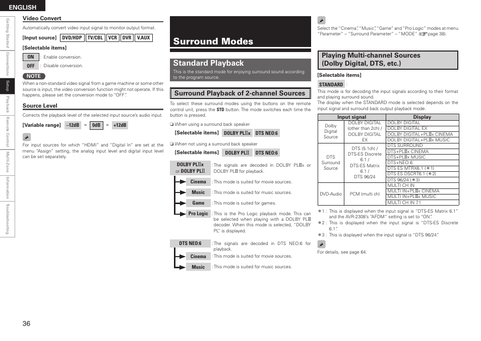 Surround modes, Standard playback, Surround playback of 2-channel sources | Denon AVR-2308 User Manual | Page 40 / 80