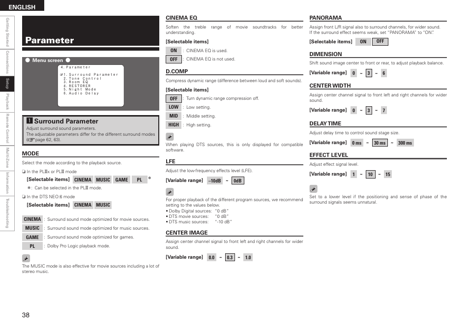 Parameter, Asurround parameter | Denon AVR-2308 User Manual | Page 42 / 80