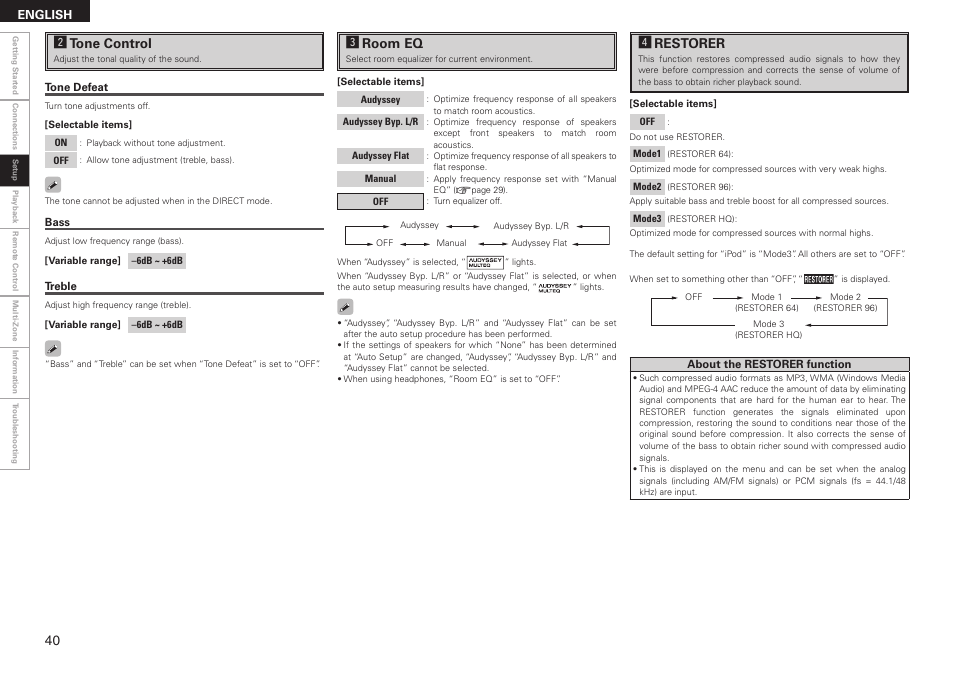 Stone control, Droom eq, Frestorer | Denon AVR-2308 User Manual | Page 44 / 80