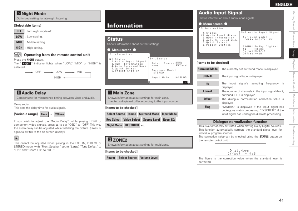 Information, Status, Audio input signal | Gnight mode, Haudio delay, Amain zone, Szone2 | Denon AVR-2308 User Manual | Page 45 / 80