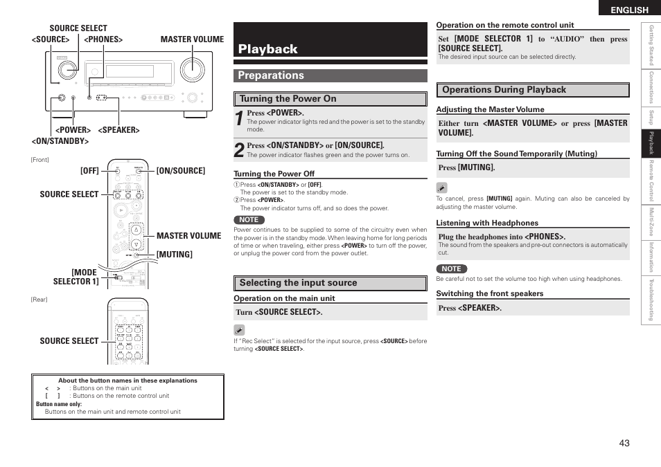 Playback, Preparations | Denon AVR-2308 User Manual | Page 47 / 80