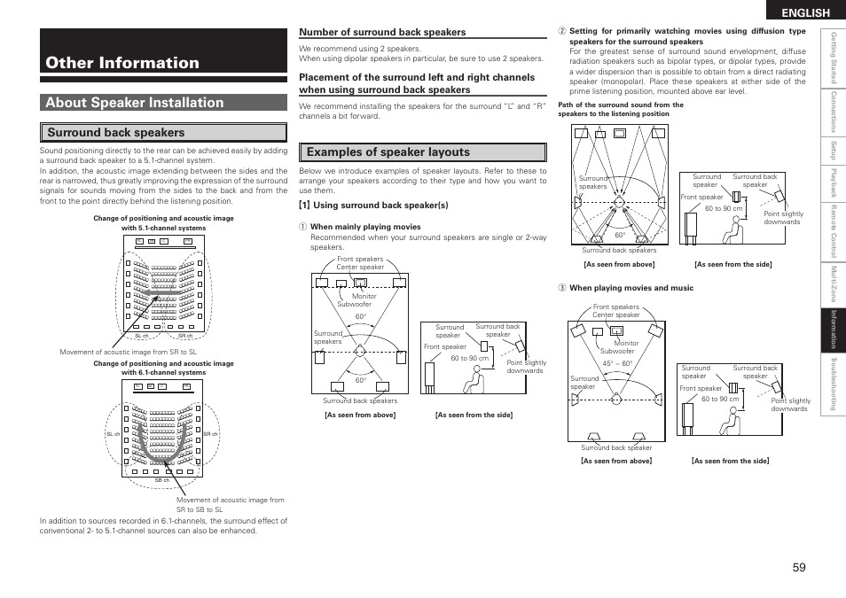 Other information, About speaker installation, Surround back speakers | Examples of speaker layouts, English, Number of surround back speakers | Denon AVR-2308 User Manual | Page 63 / 80