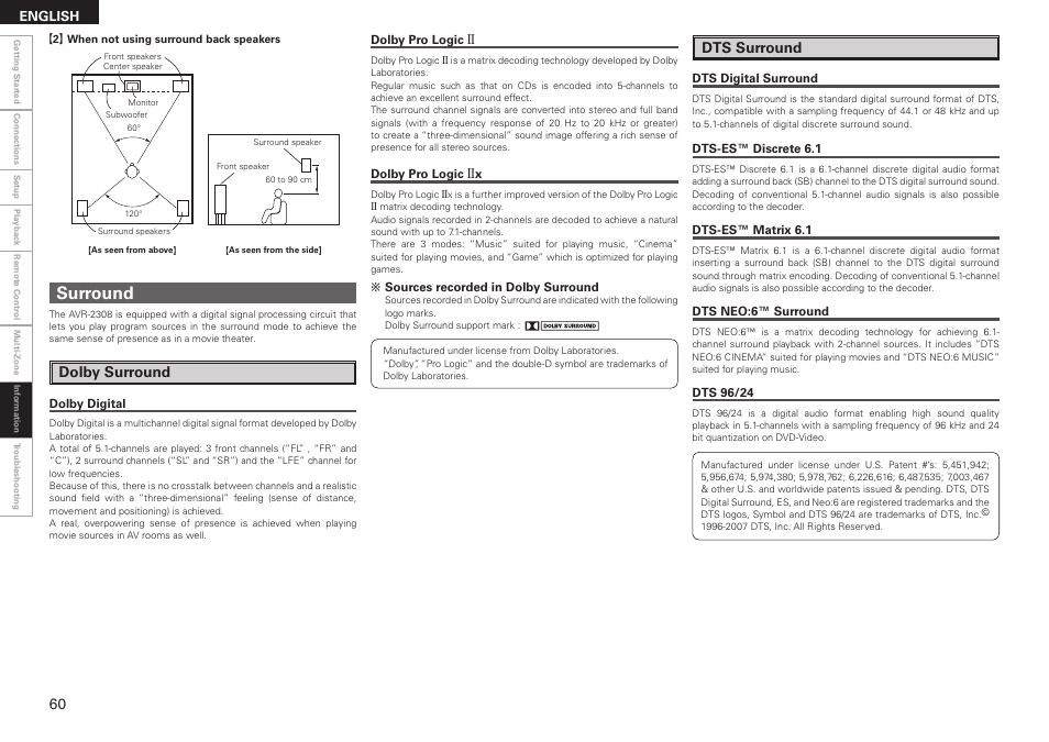 Surround, Dolby surround, Dts surround | Denon AVR-2308 User Manual | Page 64 / 80