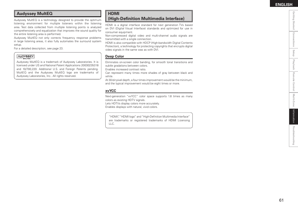 Audyssey multeq, Hdmi (high-definition multimedia interface) | Denon AVR-2308 User Manual | Page 65 / 80