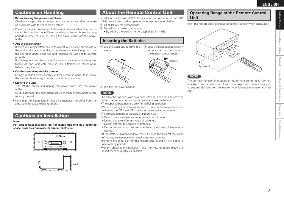 About the remote control unit, Cautions on handling cautions on installation, Inserting the batteries | Operating range of the remote control unit | Denon AVR-2308 User Manual | Page 7 / 80