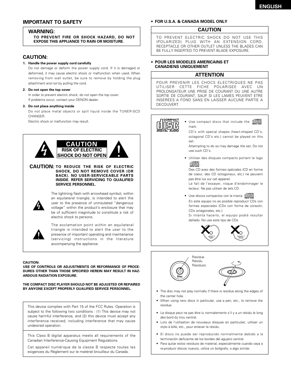 English, Caution, Important to safety warning | Attention | Denon DN-H800 User Manual | Page 2 / 24