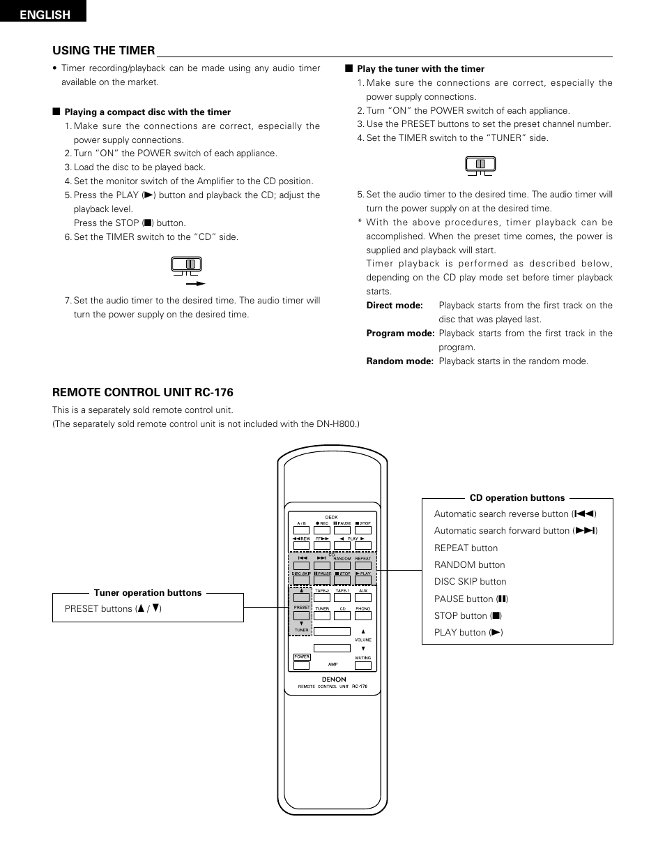 English using the timer, Remote control unit rc-176 | Denon DN-H800 User Manual | Page 22 / 24