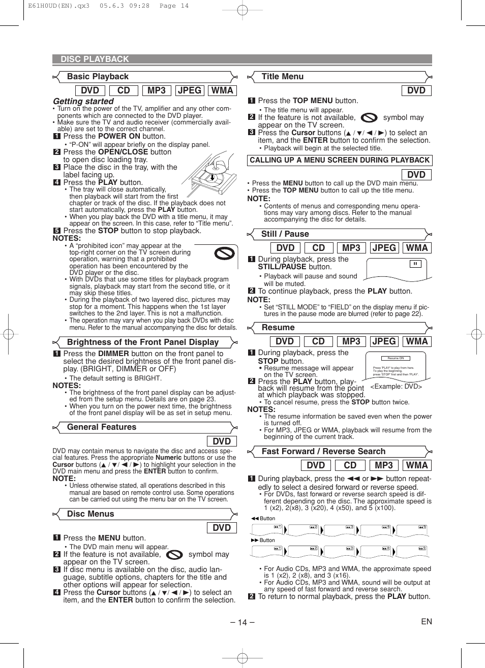 Wma jpeg mp3 cd dvd, Wma mp3 cd dvd | Denon DVD-556 User Manual | Page 14 / 54