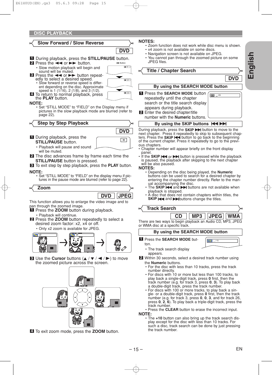 English, Jpeg dvd, Wma jpeg mp3 cd | Denon DVD-556 User Manual | Page 15 / 54