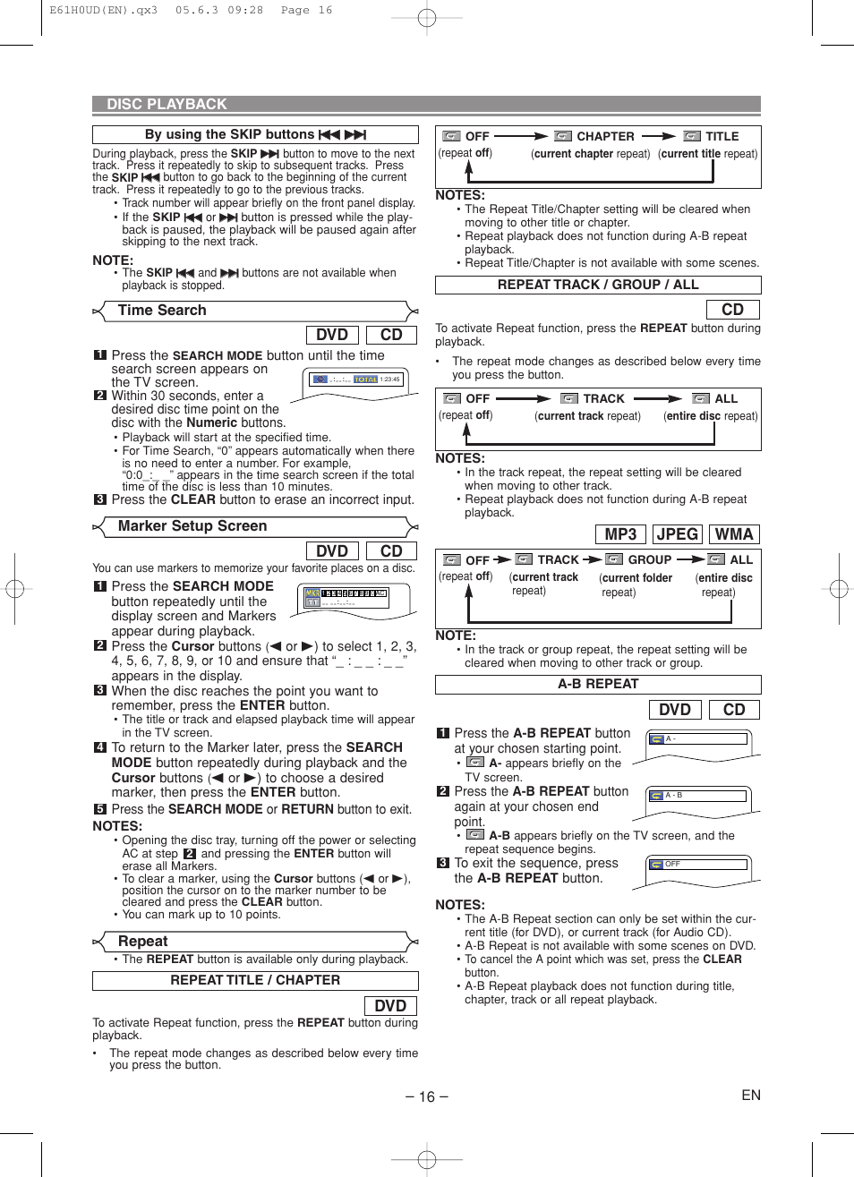 Cd dvd, Wma jpeg mp3 | Denon DVD-556 User Manual | Page 16 / 54