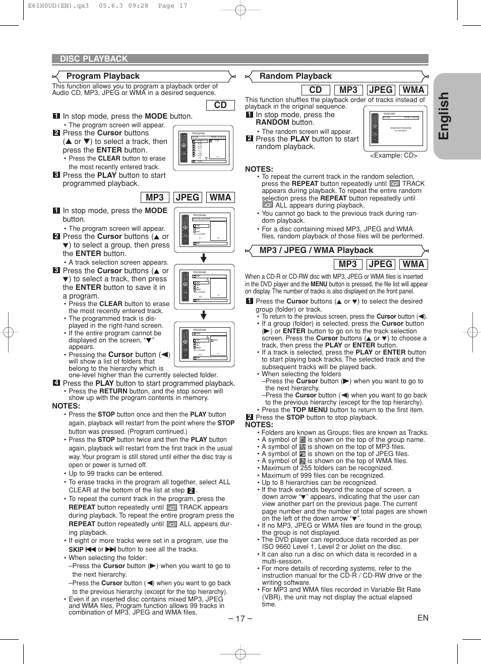 English, Wma jpeg mp3, Wma jpeg mp3 cd | Disc playback program playback, Random playback, Mp3 / jpeg / wma playback | Denon DVD-556 User Manual | Page 17 / 54
