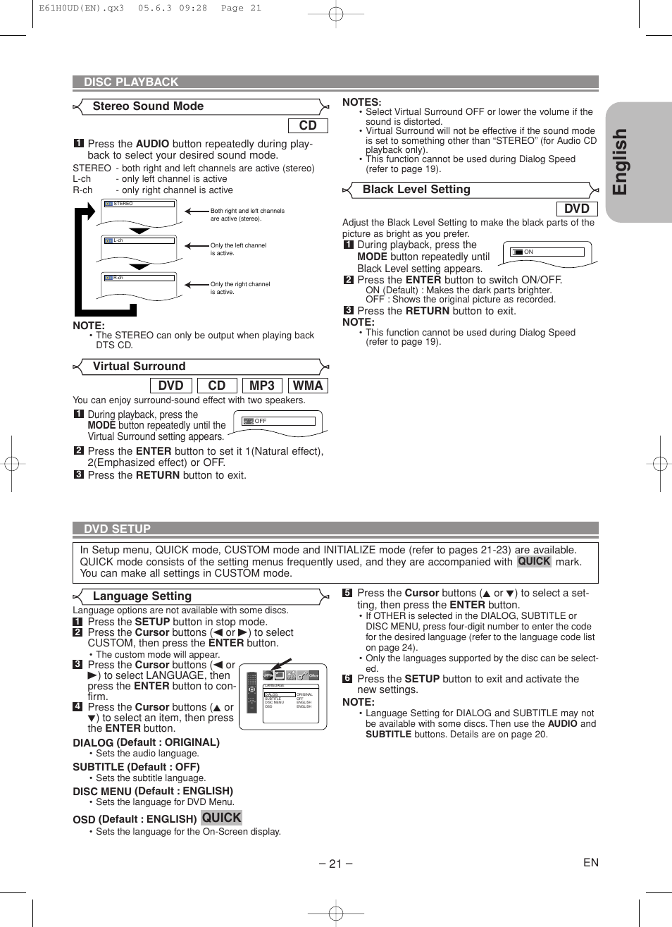 English, Wma mp3 cd dvd, Quick | Denon DVD-556 User Manual | Page 21 / 54