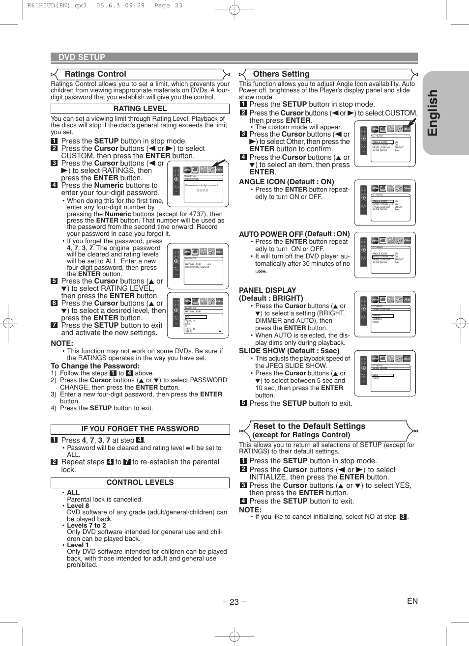 English, Dvd setup, Ratings control | Reset to the default settings, Others setting | Denon DVD-556 User Manual | Page 23 / 54