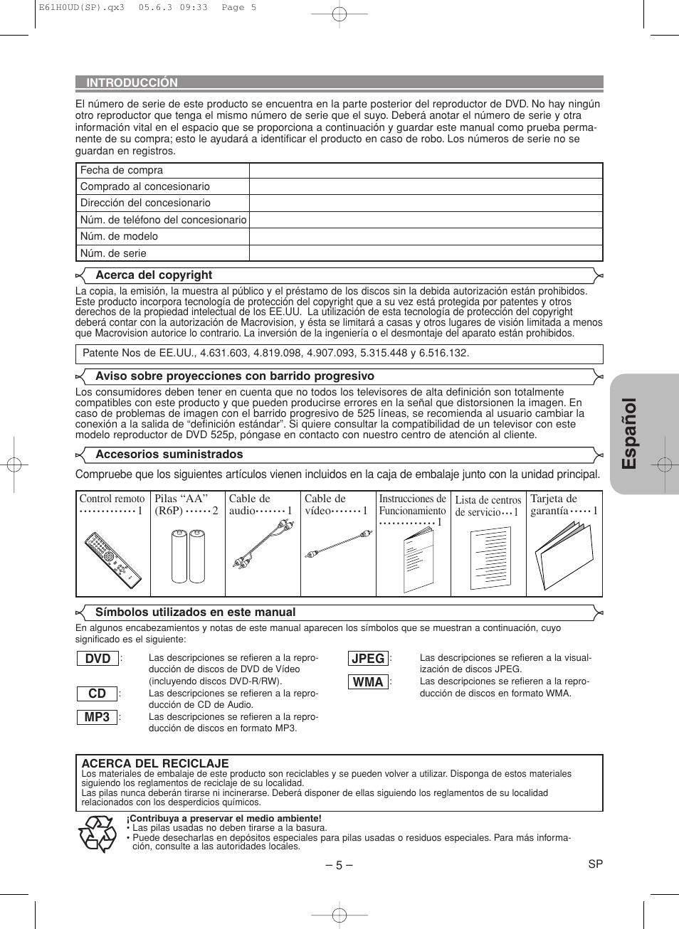 Espa ñ ol | Denon DVD-556 User Manual | Page 31 / 54