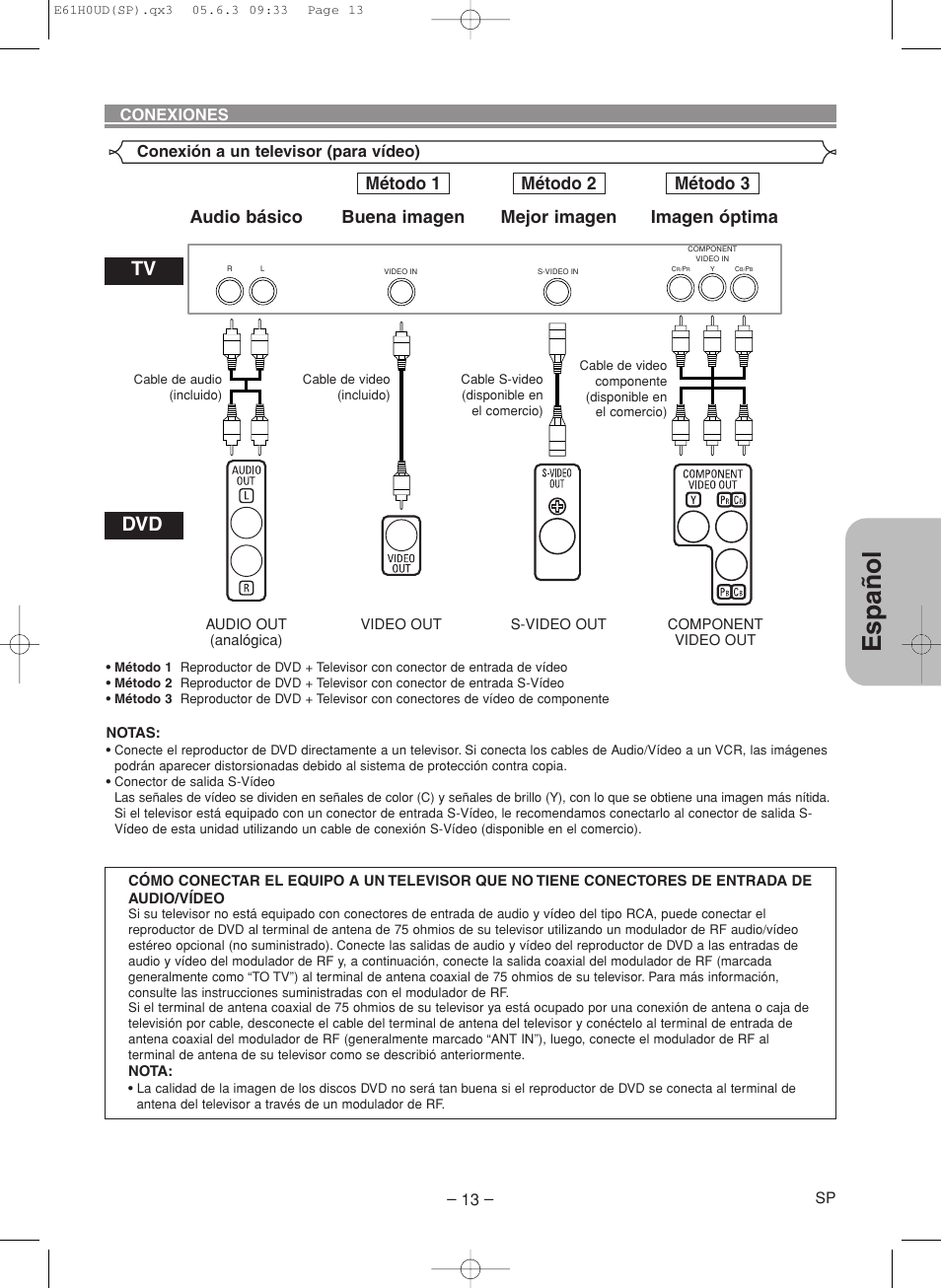 Espa ñ ol, Método 1 método 2 método 3 | Denon DVD-556 User Manual | Page 39 / 54