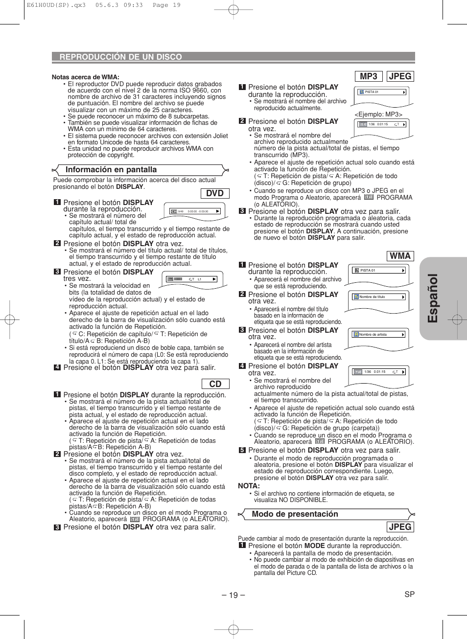 Espa ñ ol, Jpeg mp3, Jpeg | Denon DVD-556 User Manual | Page 45 / 54