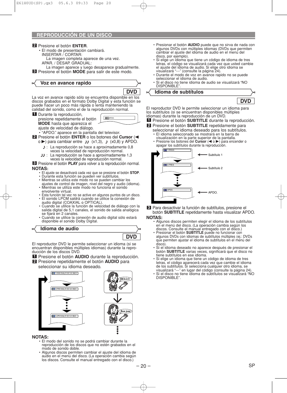Idioma de audio, Idioma de subtítulos voz en avance rapido, Reproducción de un disco | Denon DVD-556 User Manual | Page 46 / 54
