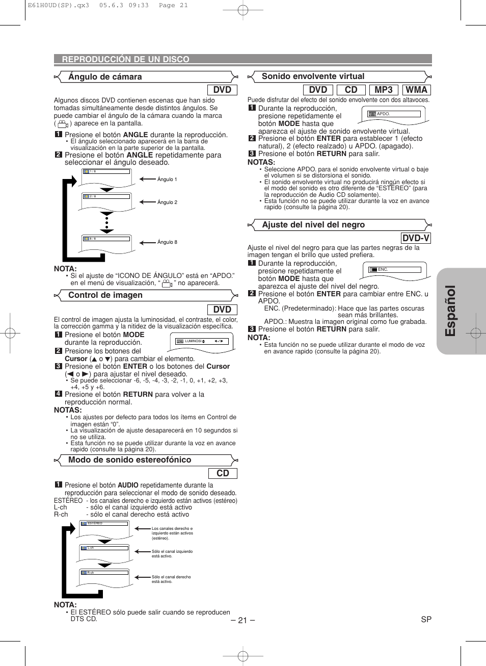 Espa ñ ol, Wma mp3 cd dvd, Dvd-v | Denon DVD-556 User Manual | Page 47 / 54