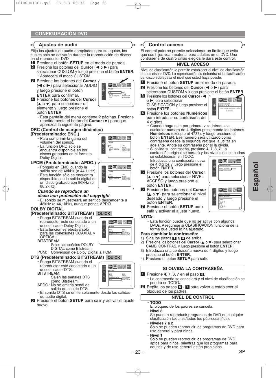 Espa ñ ol, Ajustes de audio, Control acceso | Configuración dvd, Lpcm (predeterminado: apdo.), Dolby digital (predeterminado: bitstream), Dts (predeterminado: bitstream), Quick, Nivel acceso, Clasificación | Denon DVD-556 User Manual | Page 49 / 54