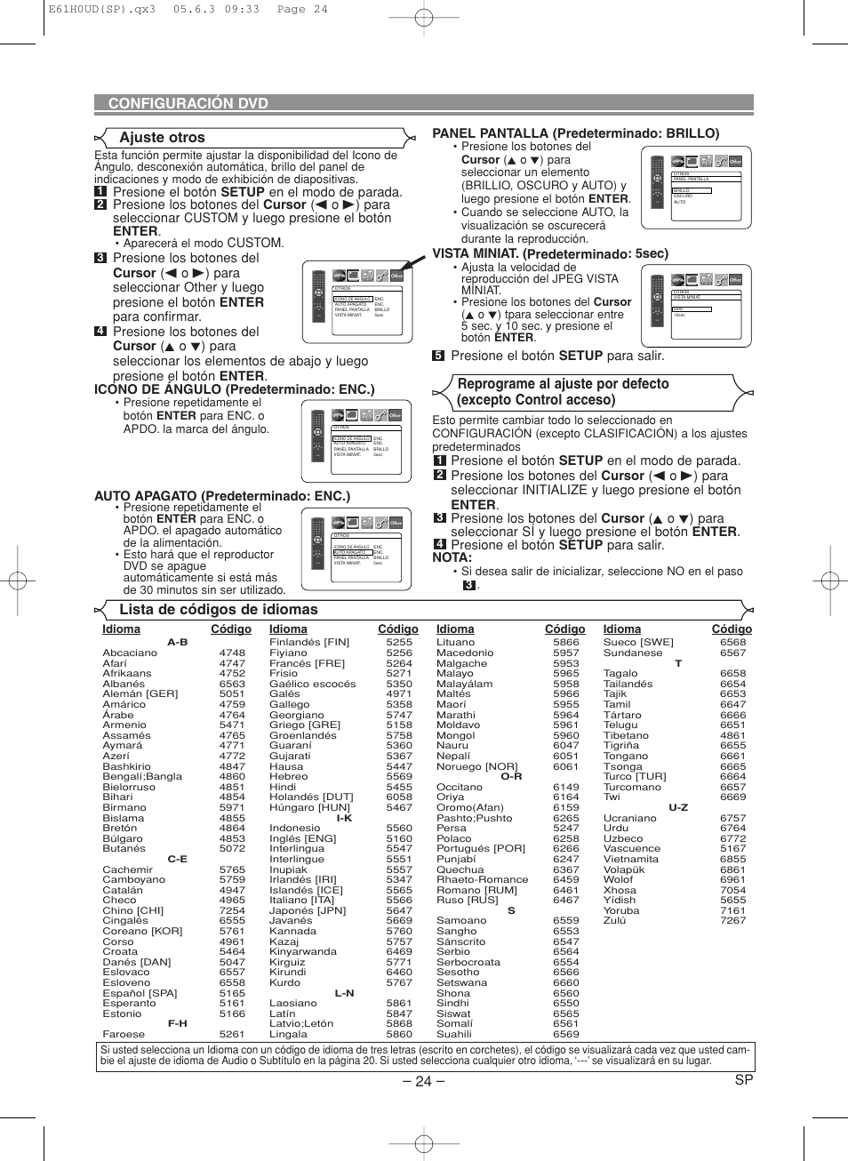 Configuración dvd, Lista de códigos de idiomas ajuste otros, Custom | Auto apagato (predeterminado: enc.), Panel pantalla (predeterminado: brillo), Vista miniat. (predeterminado: 5sec), Presione el botón setup para salir | Denon DVD-556 User Manual | Page 50 / 54