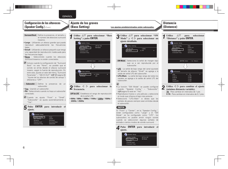 Conﬁ guración de los altavoces (speaker conﬁ g.), Ajuste de los graves (bass setting), Distancia (distance) | Denon AVR-1312 User Manual | Page 10 / 16