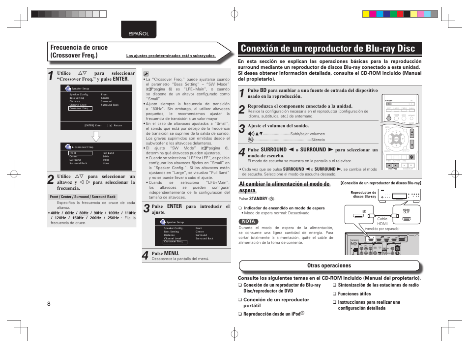 Conexión de un reproductor de blu-ray disc, Frecuencia de cruce (crossover freq.) | Denon AVR-1312 User Manual | Page 12 / 16