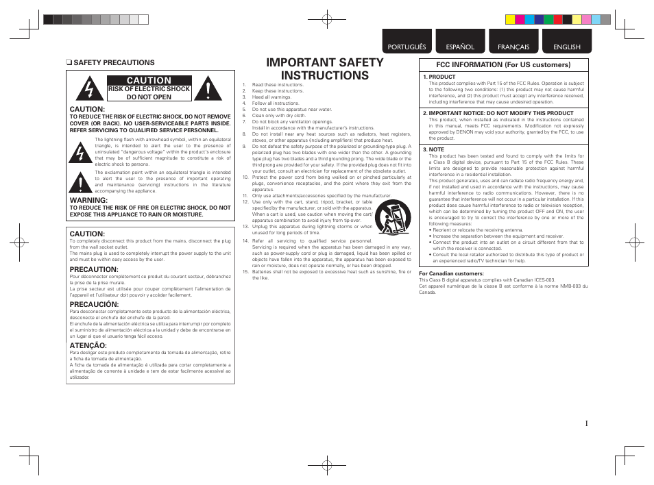 Important safety instructions, Caution | Denon AVR-1312 User Manual | Page 3 / 16