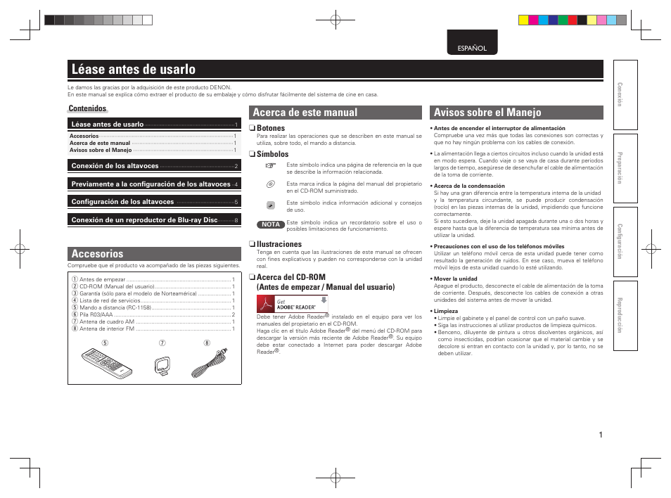 Léase antes de usarlo, Acerca de este manual, Accesorios | Avisos sobre el manejo | Denon AVR-1312 User Manual | Page 5 / 16