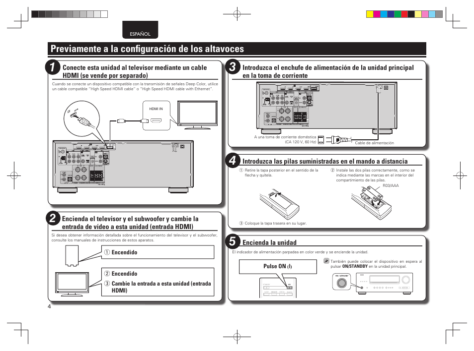 Previamente a la conﬁ guración de los altavoces | Denon AVR-1312 User Manual | Page 8 / 16