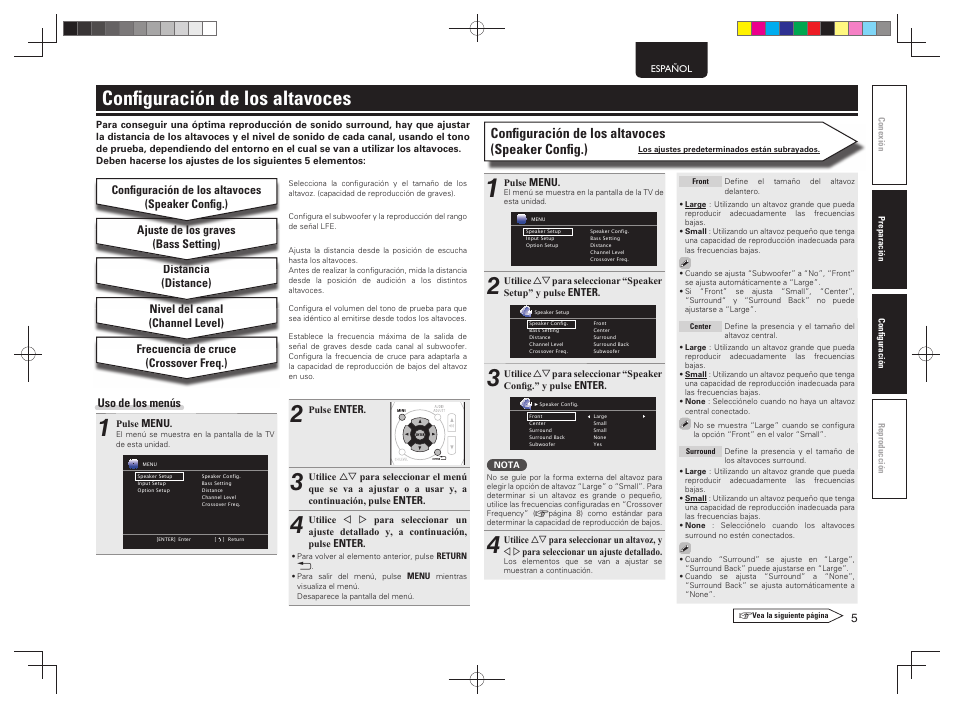 Conﬁ guración de los altavoces, Conﬁ guración de los altavoces (speaker conﬁ g.) | Denon AVR-1312 User Manual | Page 9 / 16