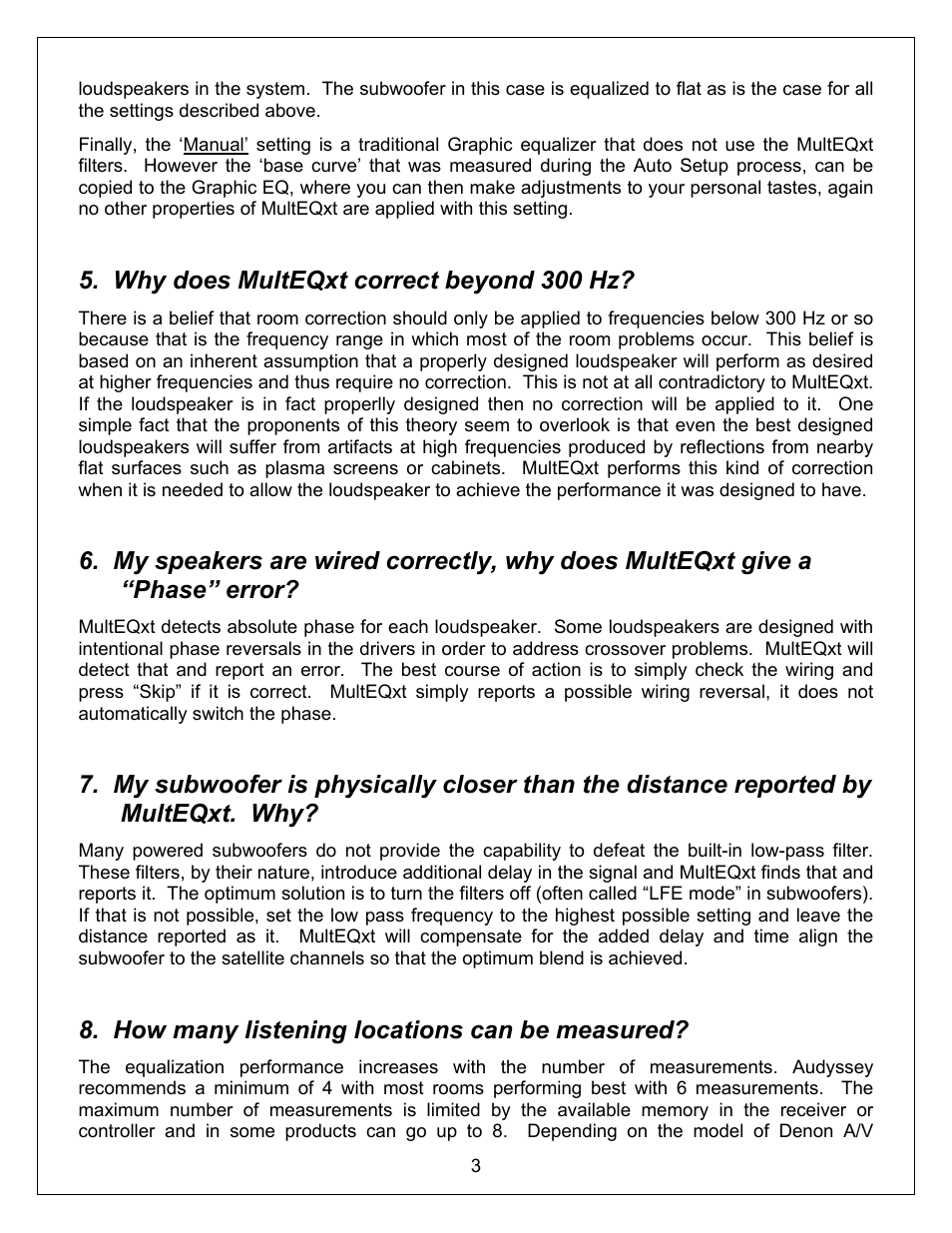 Why does multeqxt correct beyond 300 hz, How many listening locations can be measured | Denon MULTEQXT AVR-4306 User Manual | Page 3 / 5