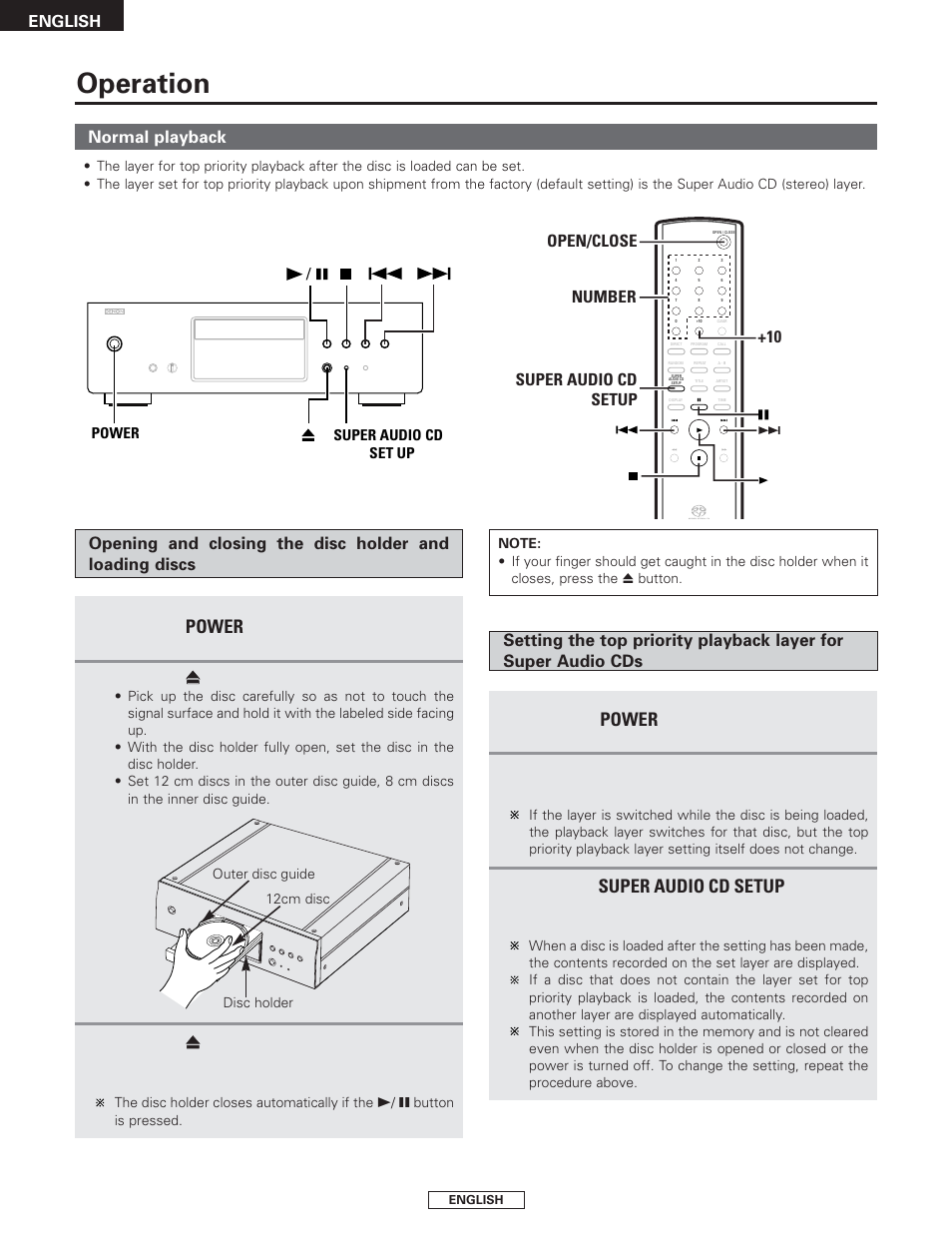 Operation, Power, Super audio cd setup | Denon DCD-1500AE User Manual | Page 12 / 90