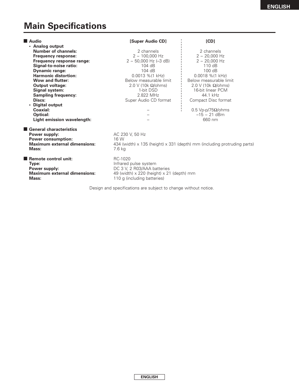 Main specifications | Denon DCD-1500AE User Manual | Page 17 / 90