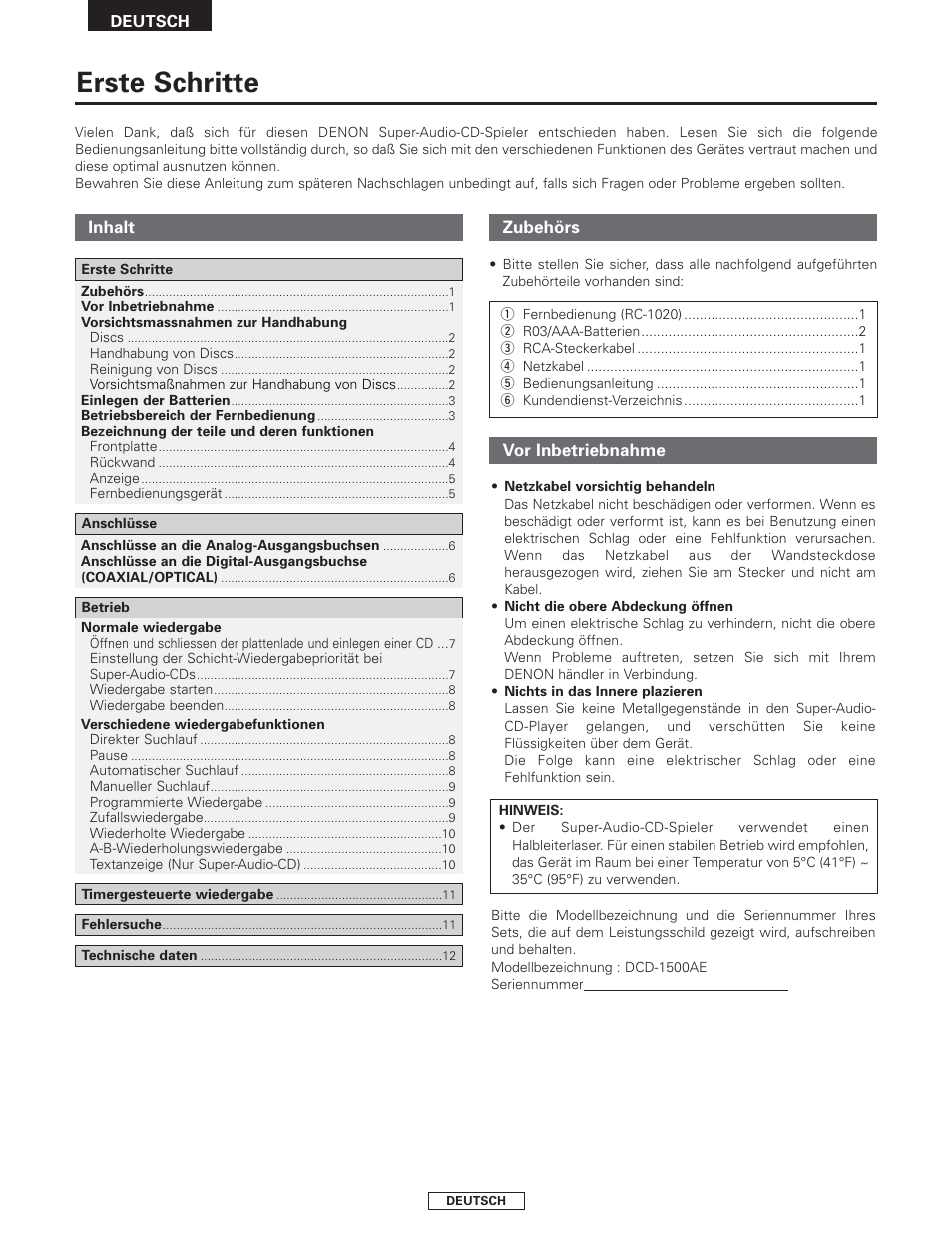 Deutsch, Erste schritte | Denon DCD-1500AE User Manual | Page 18 / 90