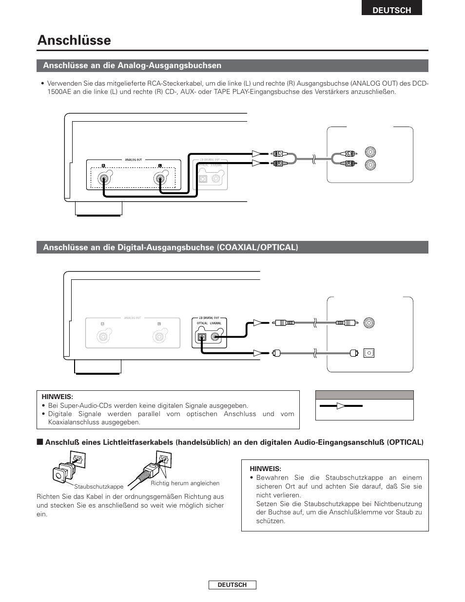 Anschlüsse, Anschlüsse an die analog-ausgangsbuchsen | Denon DCD-1500AE User Manual | Page 23 / 90